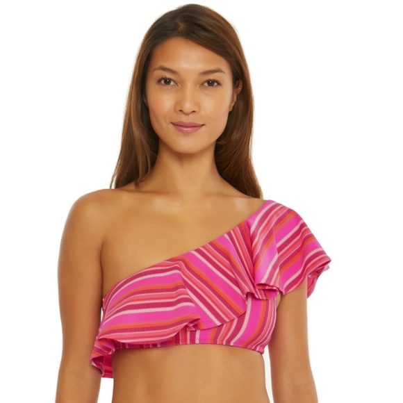 Trina Turk Other - NWT New Trina Turk Pink Orange Striped Marai Ruffle Asymmetrical Bikini Top